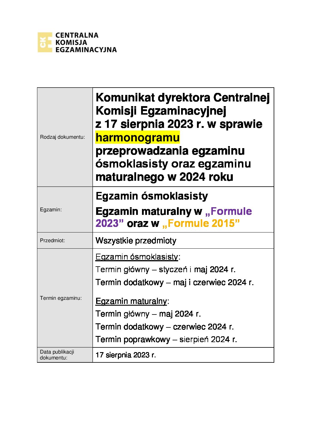 20230817 E8 EM Komunikat o harmonogramie 2024 FIN II Liceum